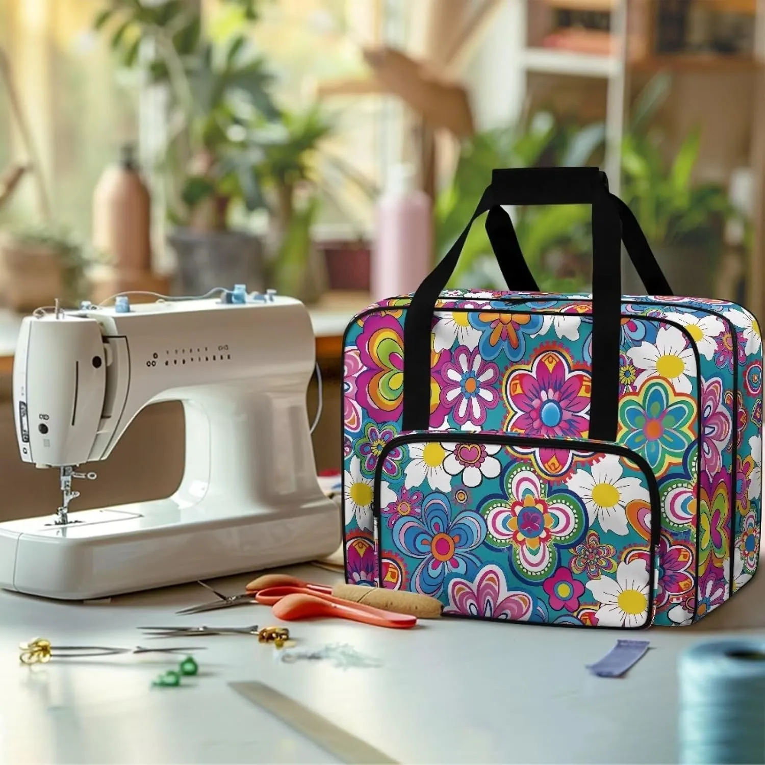 Bright HIppie Flower Sewing Machine Case, Large Capacity Universal Portable Sewing Machine Carrying Bag，Travel Tote Bag Sewing Machine Carrying Case for Sewing Supplies