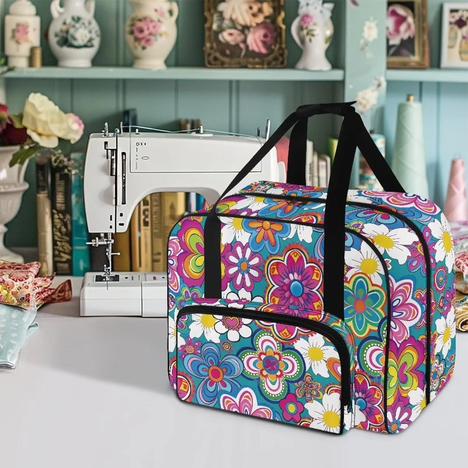 Bright HIppie Flower Sewing Machine Case, Large Capacity Universal Portable Sewing Machine Carrying Bag，Travel Tote Bag Sewing Machine Carrying Case for Sewing Supplies