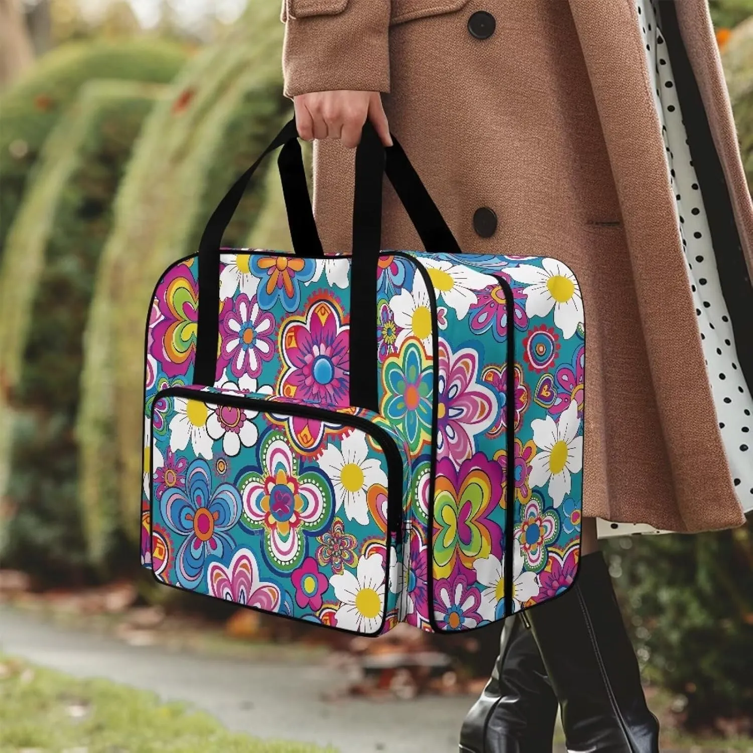 Bright HIppie Flower Sewing Machine Case, Large Capacity Universal Portable Sewing Machine Carrying Bag，Travel Tote Bag Sewing Machine Carrying Case for Sewing Supplies