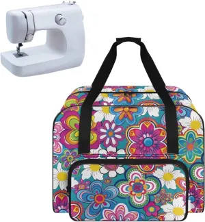 Bright HIppie Flower Sewing Machine Case, Large Capacity Universal Portable Sewing Machine Carrying Bag，Travel Tote Bag Sewing Machine Carrying Case for Sewing Supplies