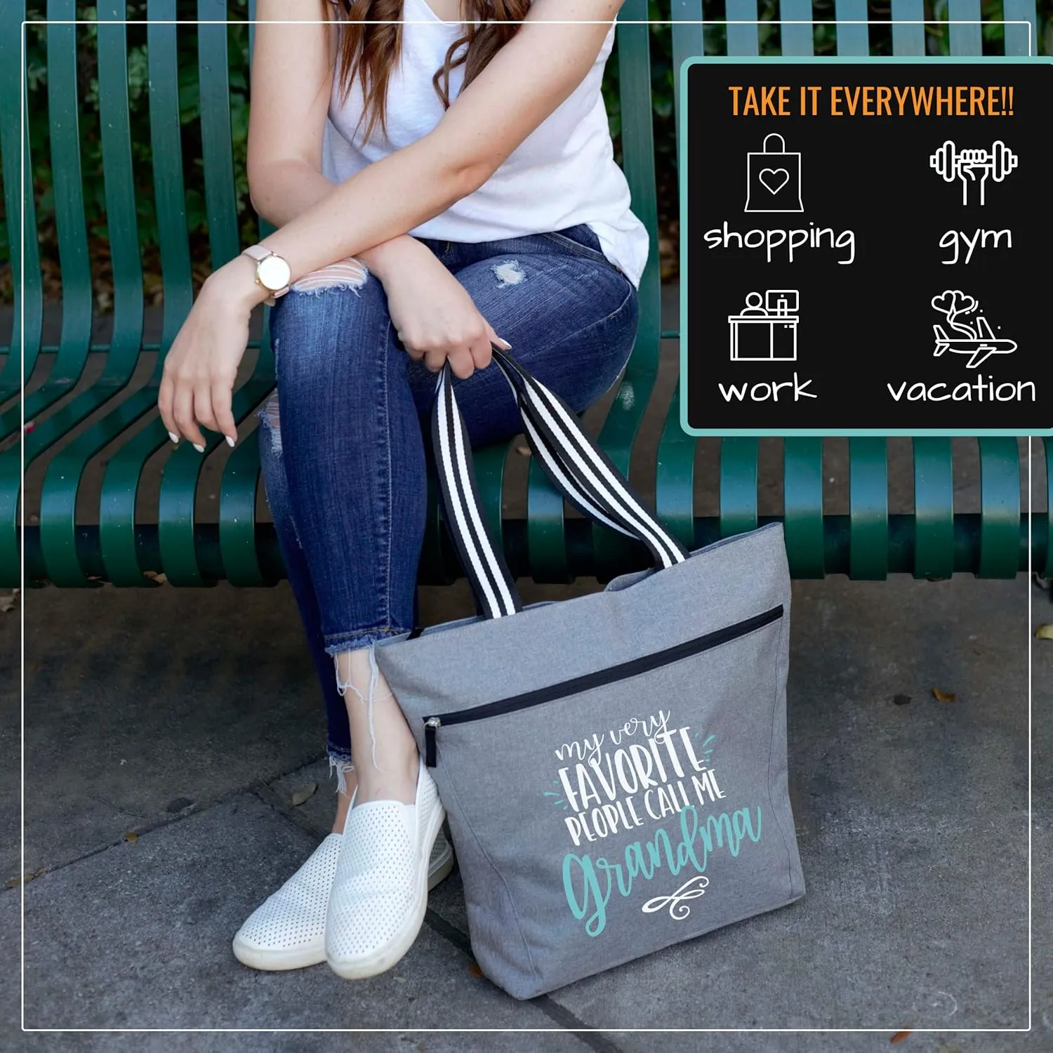 Brooke & Jess Designs Tote Bag for Grandma – Sturdy Canvas Grandma Tote w/Zipper & Inner Pocket Grandma Bag for Everyday Use