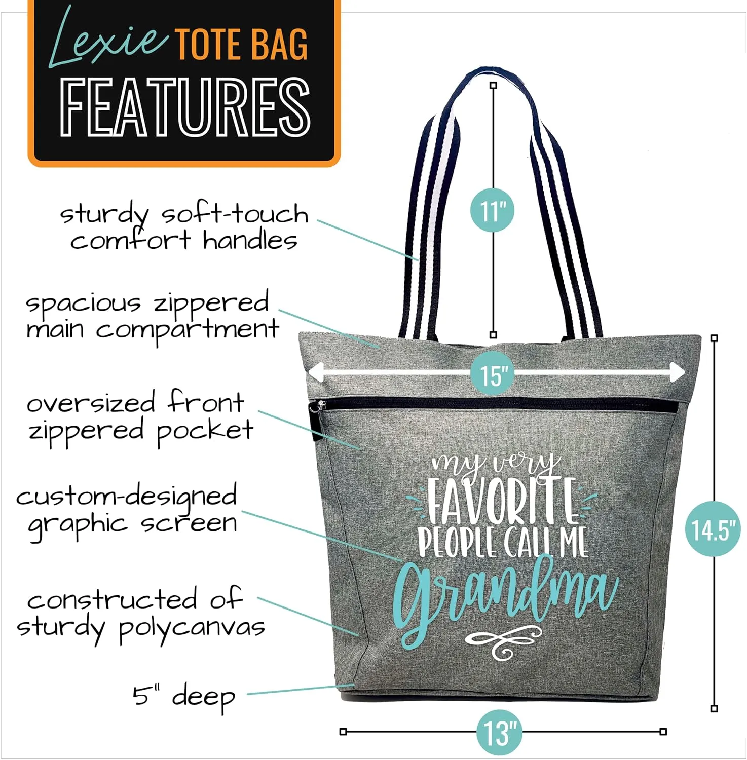 Brooke & Jess Designs Tote Bag for Grandma – Sturdy Canvas Grandma Tote w/Zipper & Inner Pocket Grandma Bag for Everyday Use