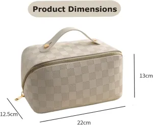 Brown Large Capacity Travel Cosmetic Bag Plaid Checkered Makeup Bag PU Leather Waterproof Skincare Bag with Handle & Divider (Pink)