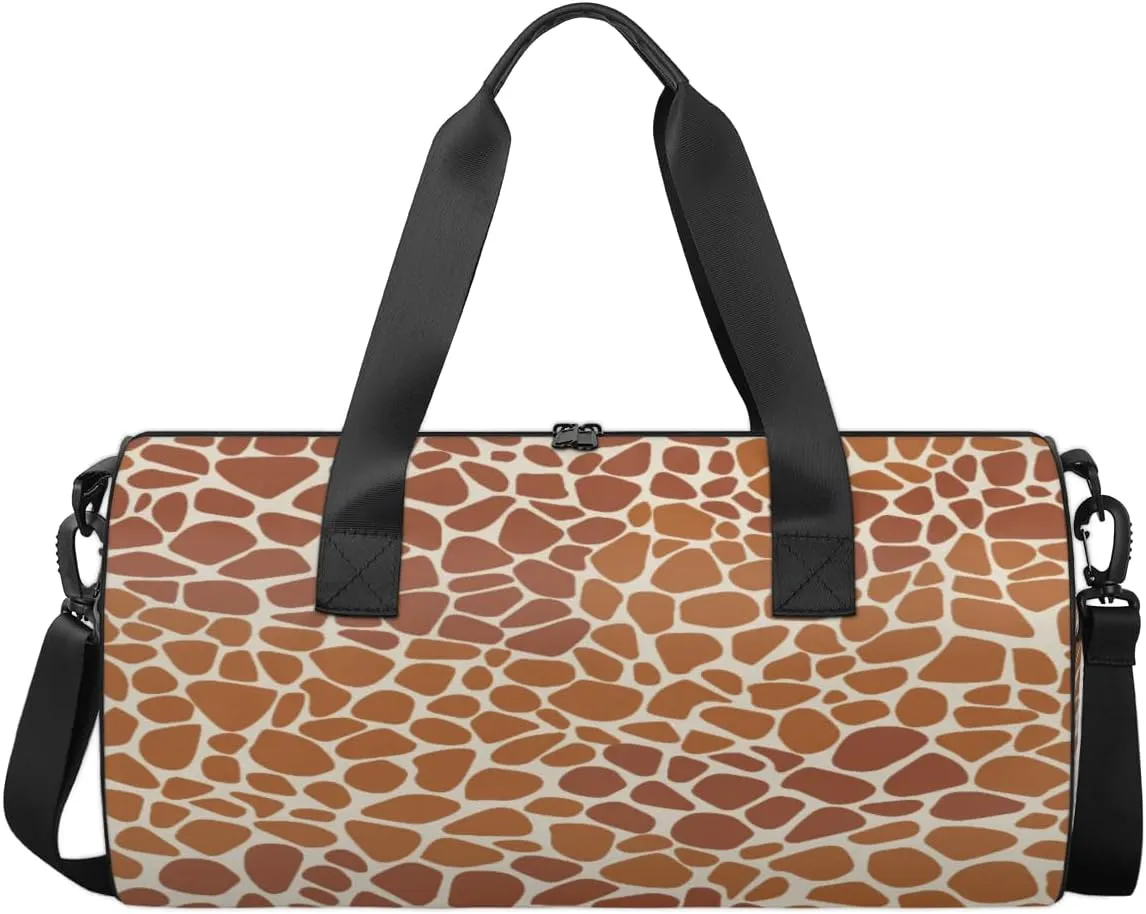 Brown Ochre Giraffe Vector Seamless Pattern Sports Duffel Bag, Gym Tote Bag Waterproof Weekender Travel Bag for Overnight Travel Luggage Workout Women Men