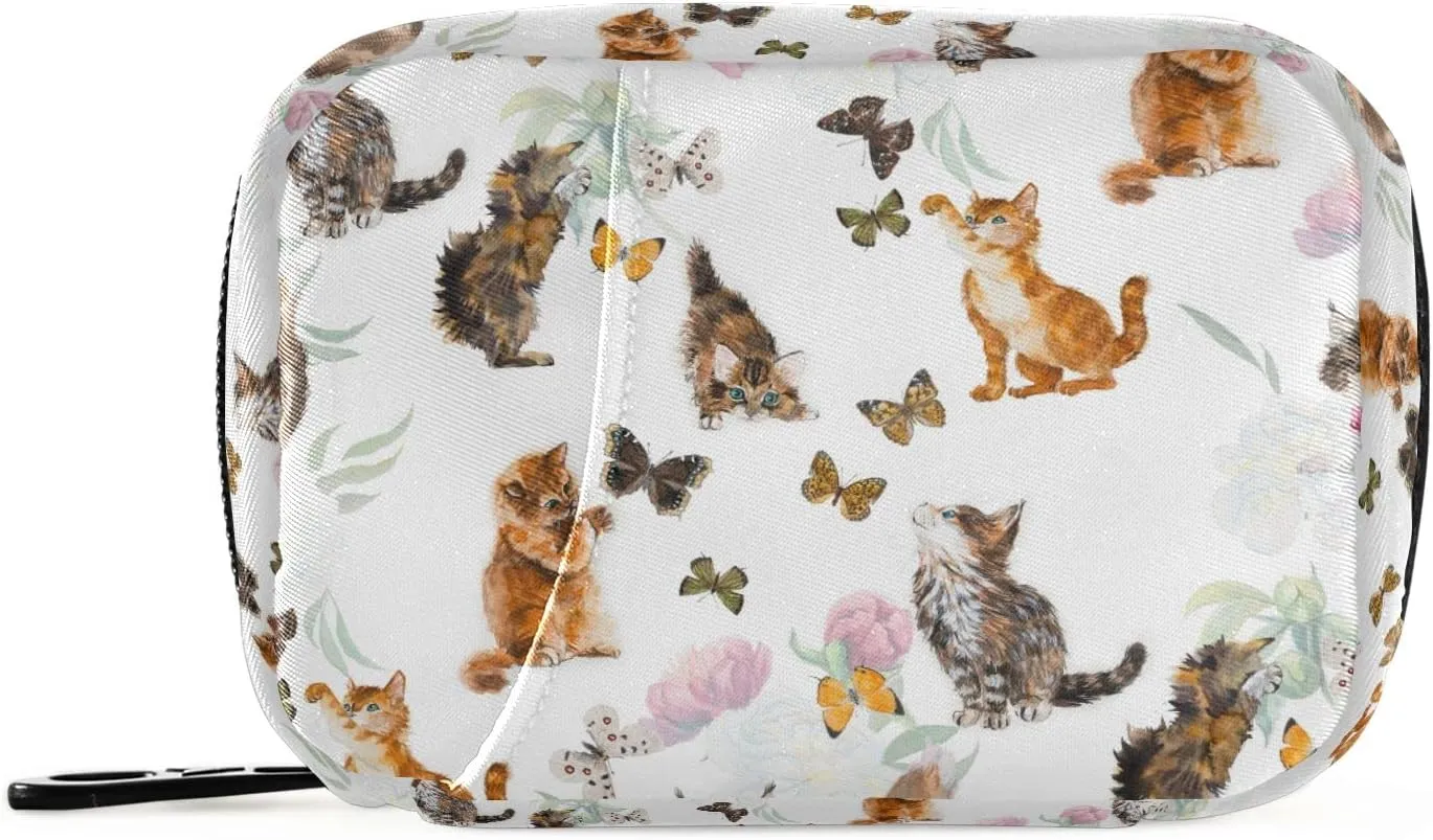 Butterflies Kittens Pill Box Case 7 Days Cute Cats Portable Weekly Pill Organizer Bag Medicine Container Vitamin Supplements Holder with Zipper for Travel Daily Use