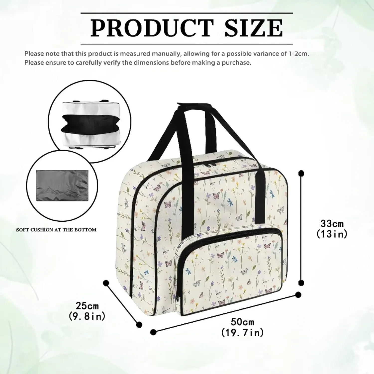 Butterfly Flower Sewing Machine Case Heavy Padded Tote Bag Portable Sewing Machine Handbag Dust Proof Compatible with Most Standard Sewing Machines