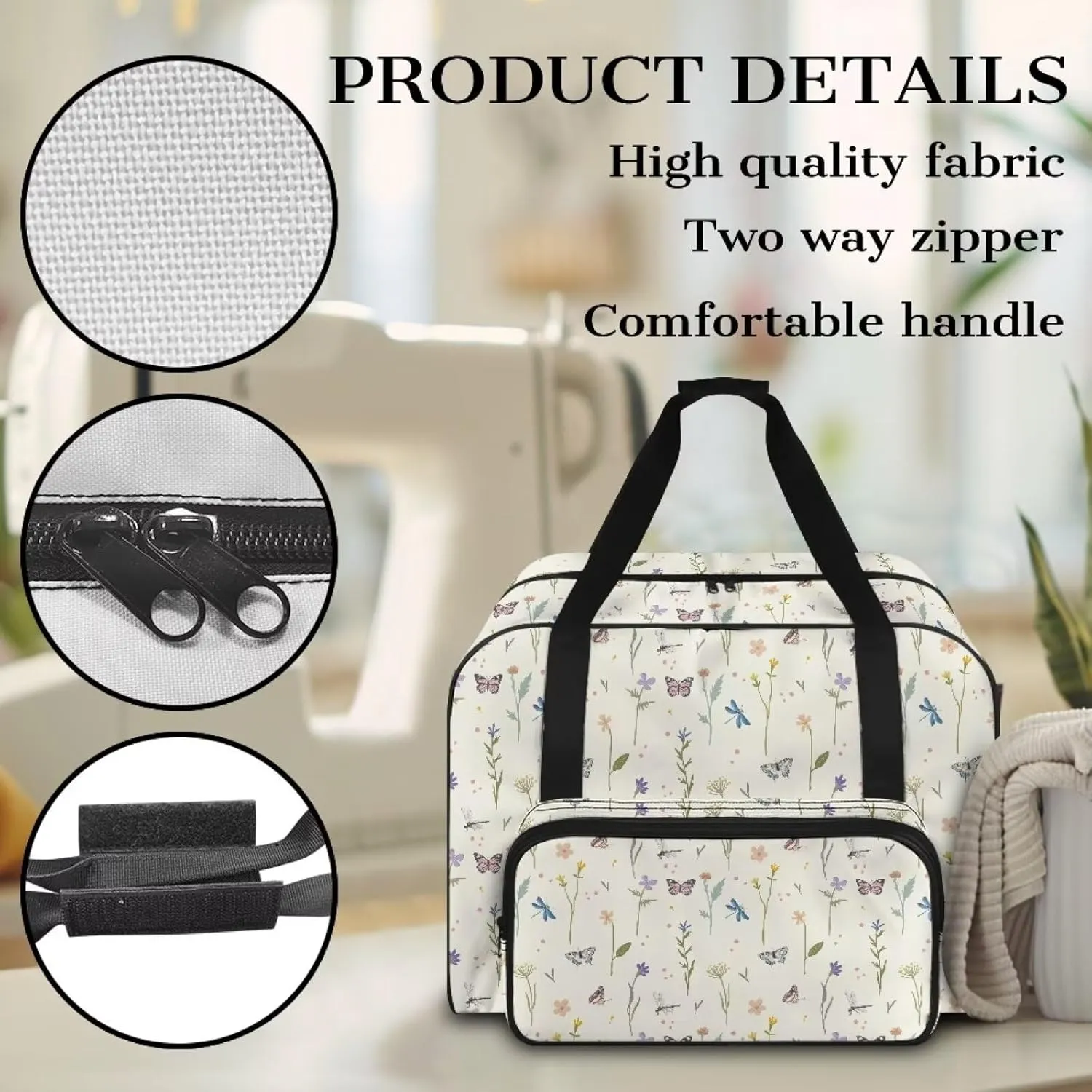 Butterfly Flower Sewing Machine Case Heavy Padded Tote Bag Portable Sewing Machine Handbag Dust Proof Compatible with Most Standard Sewing Machines