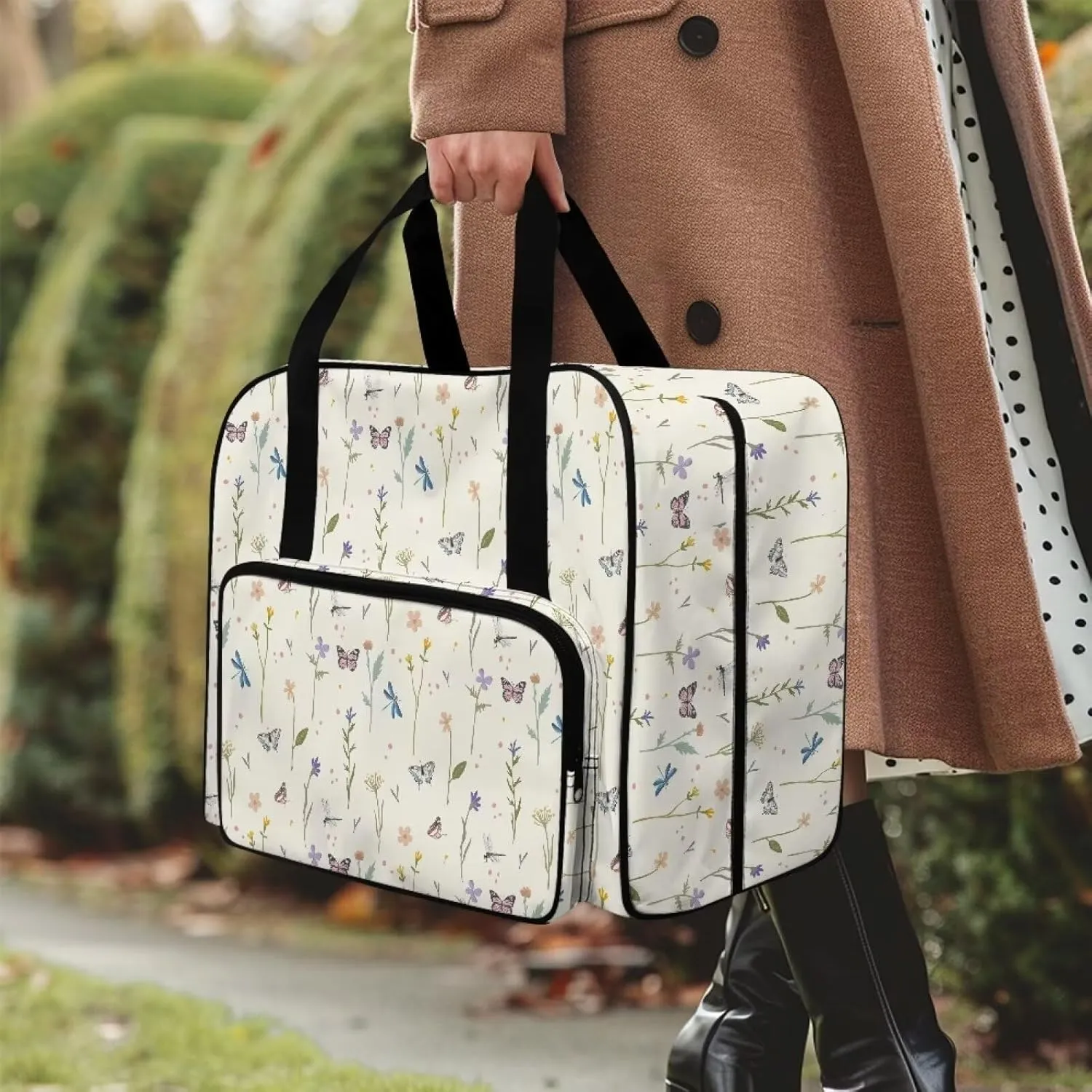 Butterfly Flower Sewing Machine Case Heavy Padded Tote Bag Portable Sewing Machine Handbag Dust Proof Compatible with Most Standard Sewing Machines