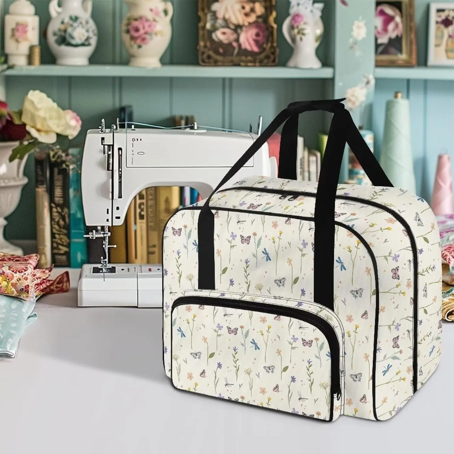 Butterfly Flower Sewing Machine Case Heavy Padded Tote Bag Portable Sewing Machine Handbag Dust Proof Compatible with Most Standard Sewing Machines