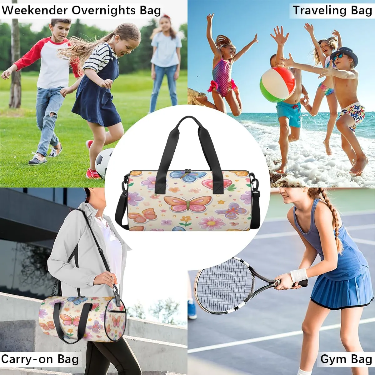 Butterfly Love Garden Sports Duffel Bag with Shoulder Strap, Large Capacity Gym Bag with Shoe Compartment, Water Resistant Travel Duffle Bag for Men Women Travel, Sports (17.6x9x9 Inch)