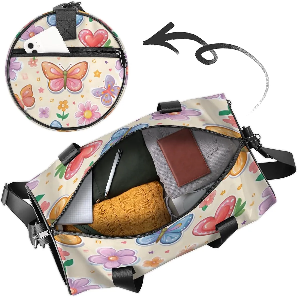 Butterfly Love Garden Sports Duffel Bag with Shoulder Strap, Large Capacity Gym Bag with Shoe Compartment, Water Resistant Travel Duffle Bag for Men Women Travel, Sports (17.6x9x9 Inch)