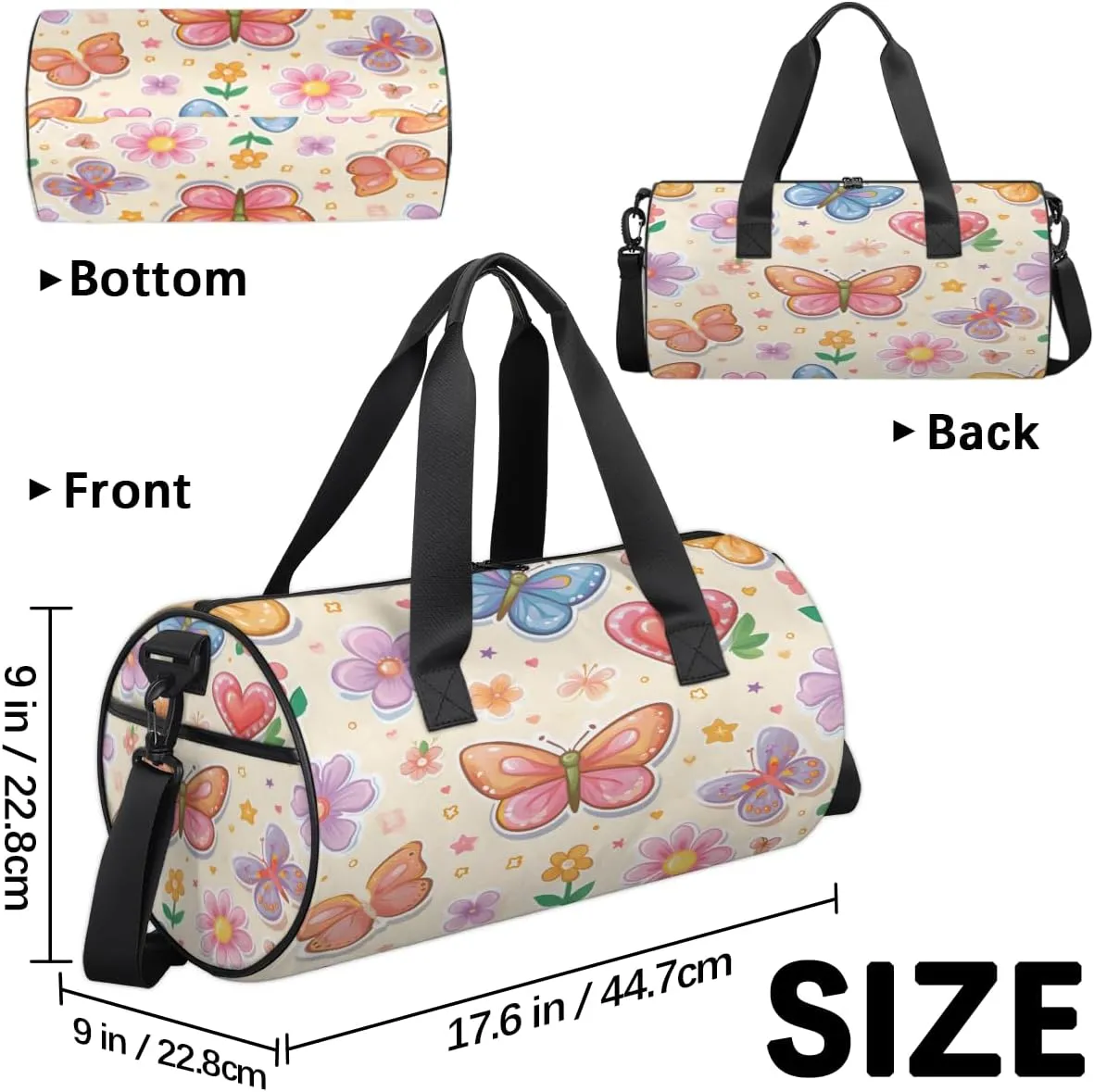 Butterfly Love Garden Sports Duffel Bag with Shoulder Strap, Large Capacity Gym Bag with Shoe Compartment, Water Resistant Travel Duffle Bag for Men Women Travel, Sports (17.6x9x9 Inch)