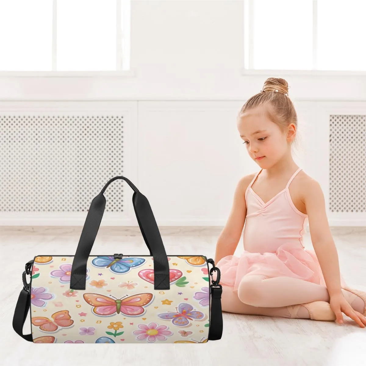 Butterfly Love Garden Sports Duffel Bag with Shoulder Strap, Large Capacity Gym Bag with Shoe Compartment, Water Resistant Travel Duffle Bag for Men Women Travel, Sports (17.6x9x9 Inch)