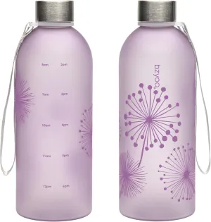 bzyoo 32oz 1 Liter Clear Water Bottle with Time Marker, Dandelion Design, Durable Plastic, BPA-Free, Reusable with Measurement Markings for Fitness and Outdoor Activities (Color: Purple)