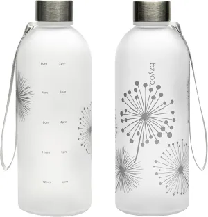 bzyoo 32oz 1 Liter Clear Water Bottle with Time Marker, Dandelion Design, Durable Plastic, BPA-Free, Reusable with Measurement Markings for Fitness and Outdoor Activities (Color: Silver)