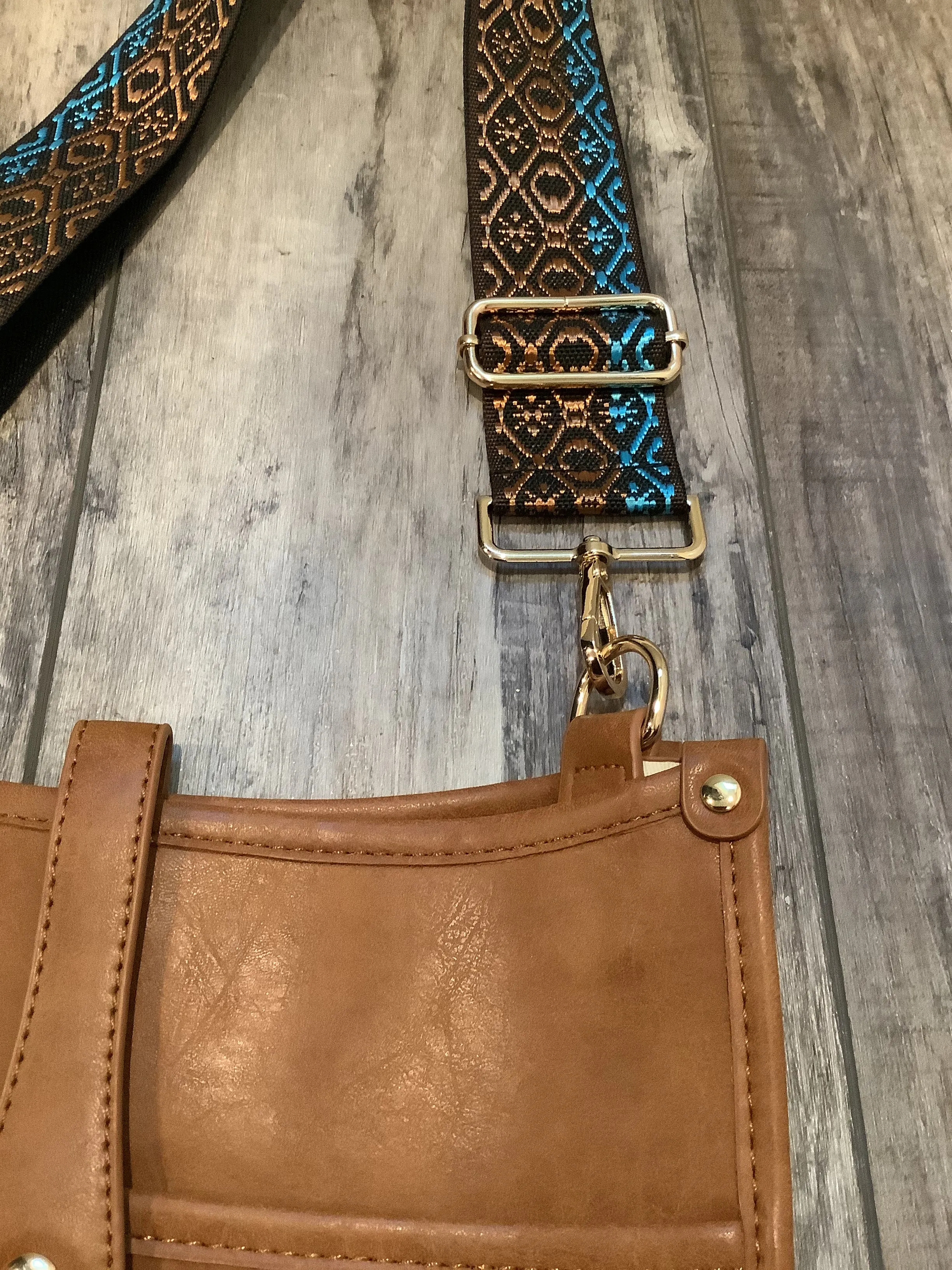 Camel Vintage Vegan Leather Messenger Bag with Abstract Strap