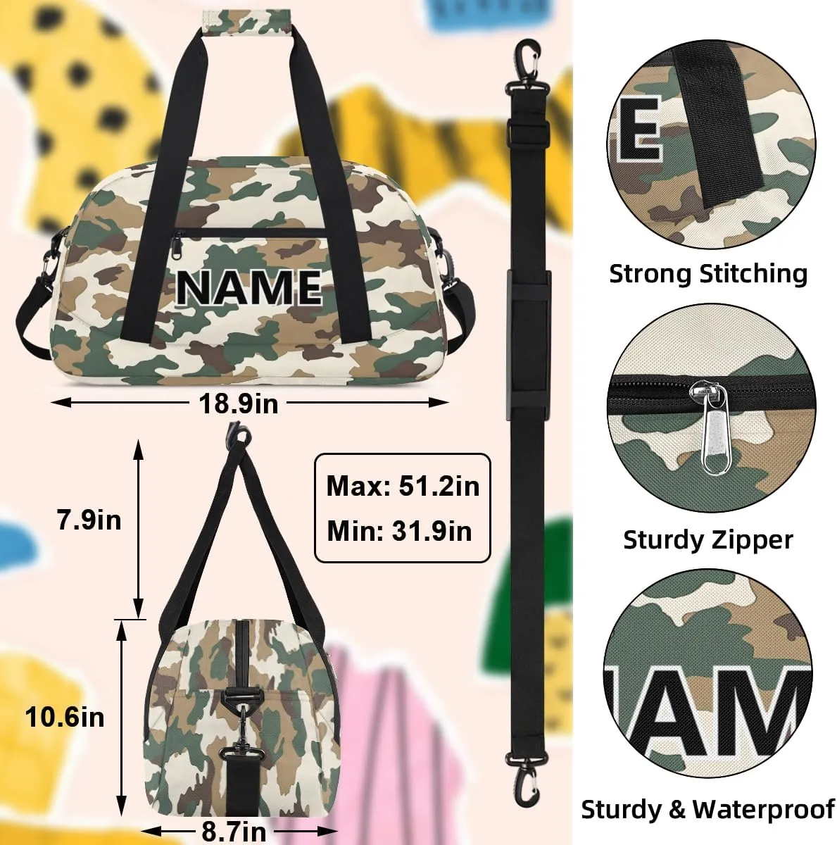 Camo Brown Green Mini Gym Bag 18 inch for Women Men Waterproof Custom Camouflage Travel Duffel Bag Carry On Overnight Tote Nurse Bag for Work Fitness Hiking
