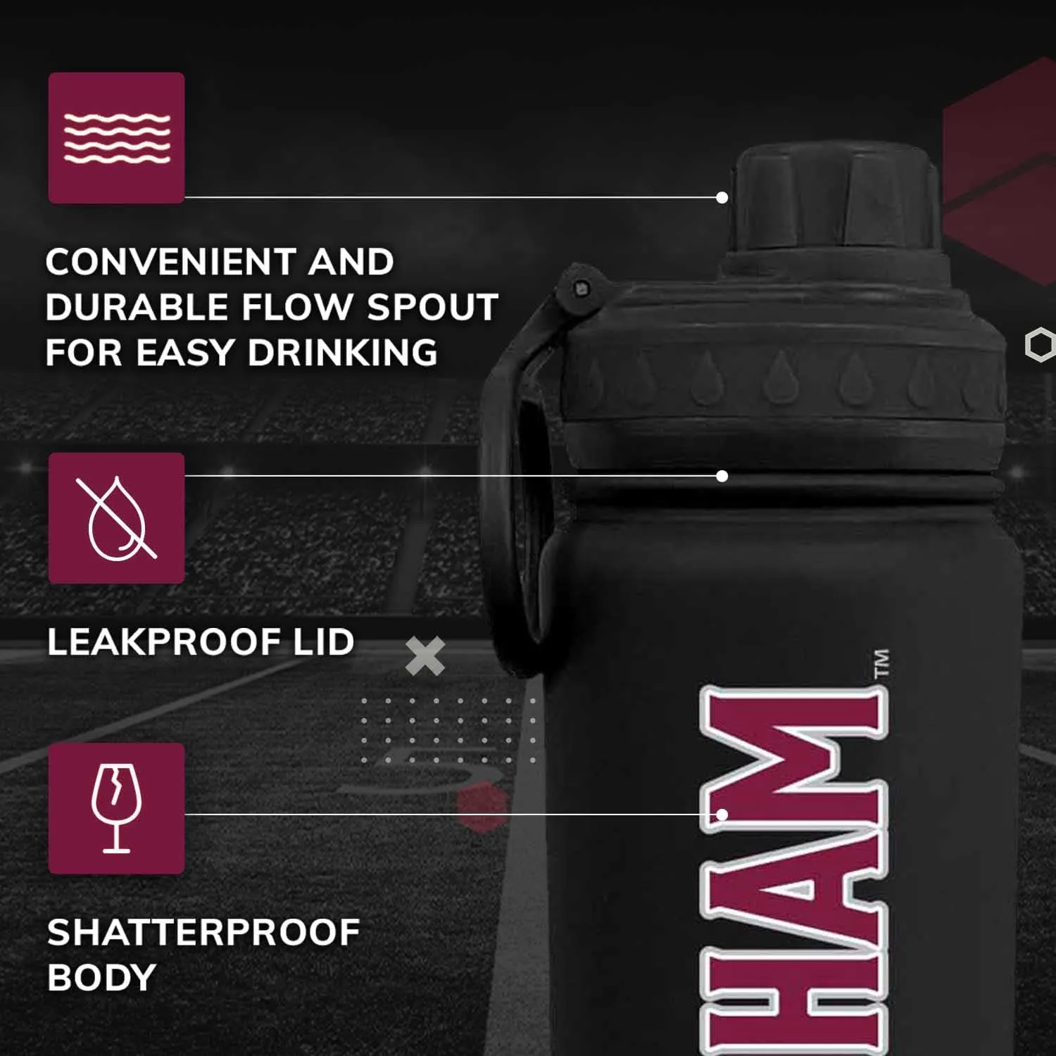 Campus Colors NCAA Stainless Steel Water Bottle - Twist on cap - 24 oz - Carry Clip - Keeps Your Drinks Hot or Cold for Hours (Fordham Rams - Black)
