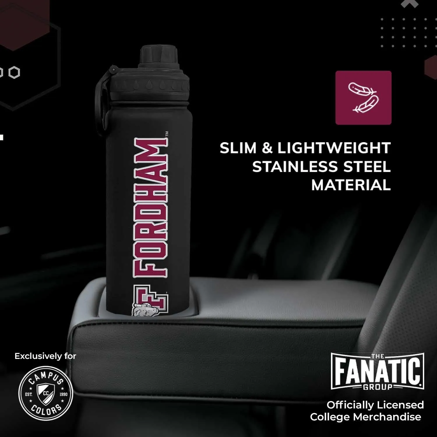 Campus Colors NCAA Stainless Steel Water Bottle - Twist on cap - 24 oz - Carry Clip - Keeps Your Drinks Hot or Cold for Hours (Fordham Rams - Black)