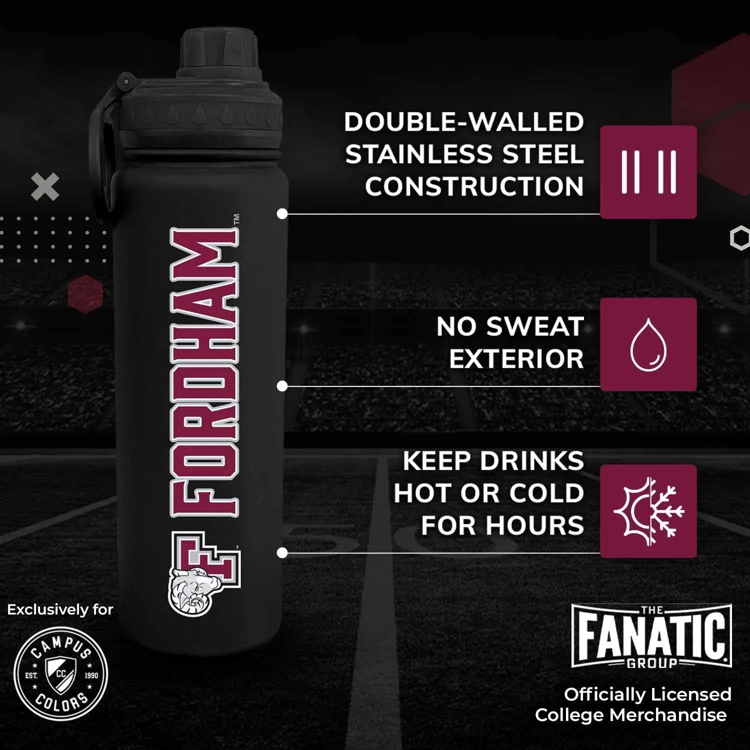 Campus Colors NCAA Stainless Steel Water Bottle - Twist on cap - 24 oz - Carry Clip - Keeps Your Drinks Hot or Cold for Hours (Fordham Rams - Black)