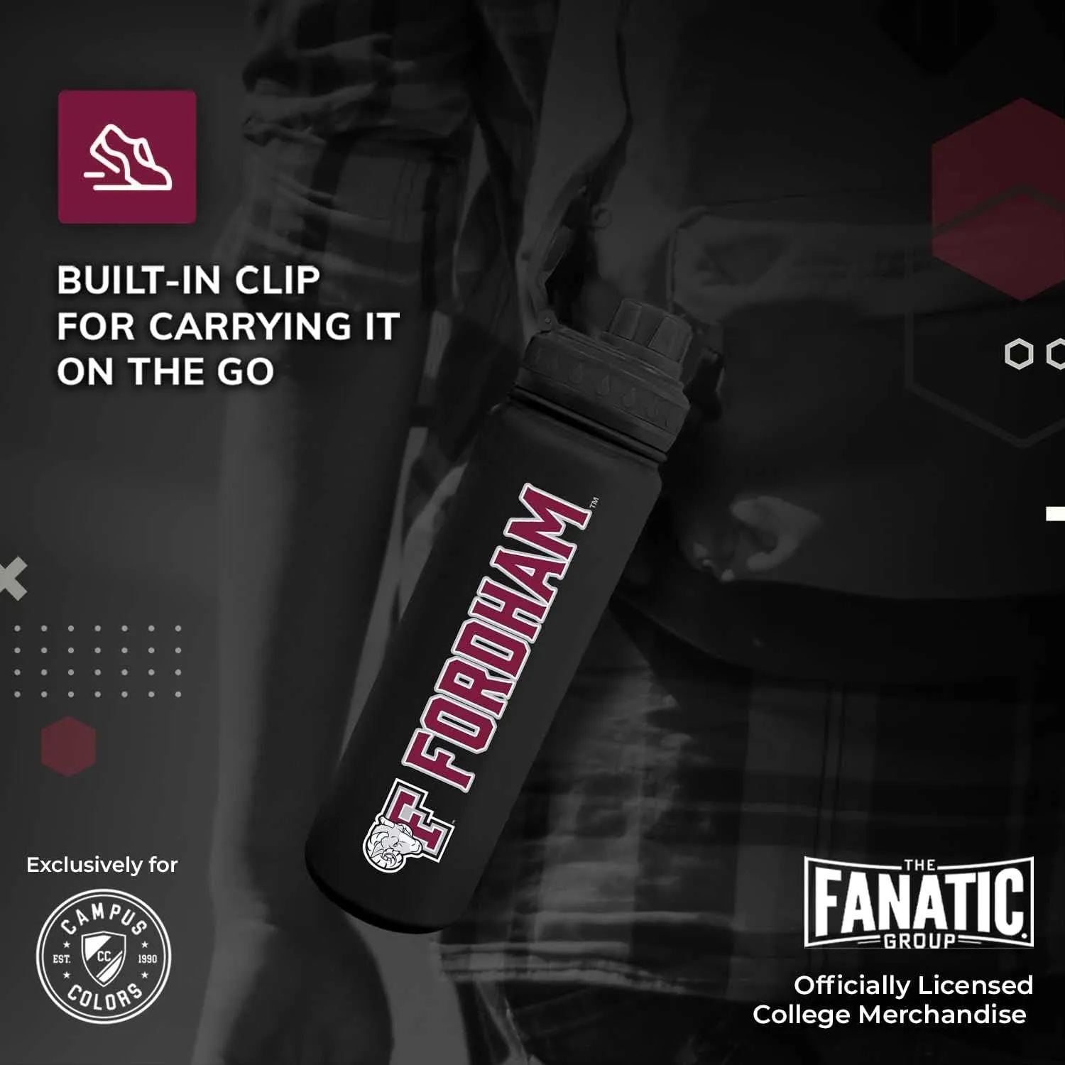 Campus Colors NCAA Stainless Steel Water Bottle - Twist on cap - 24 oz - Carry Clip - Keeps Your Drinks Hot or Cold for Hours (Fordham Rams - Black)