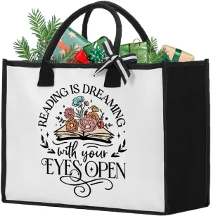 Canvas Book Tote Bag for Woman Book Lover Christmas Woman's Mother's Day Birthday Gifts for Women Librarian Bookish Gifts for Readers, Reading Is Dreaming with Your Eyes Open Tote Bag