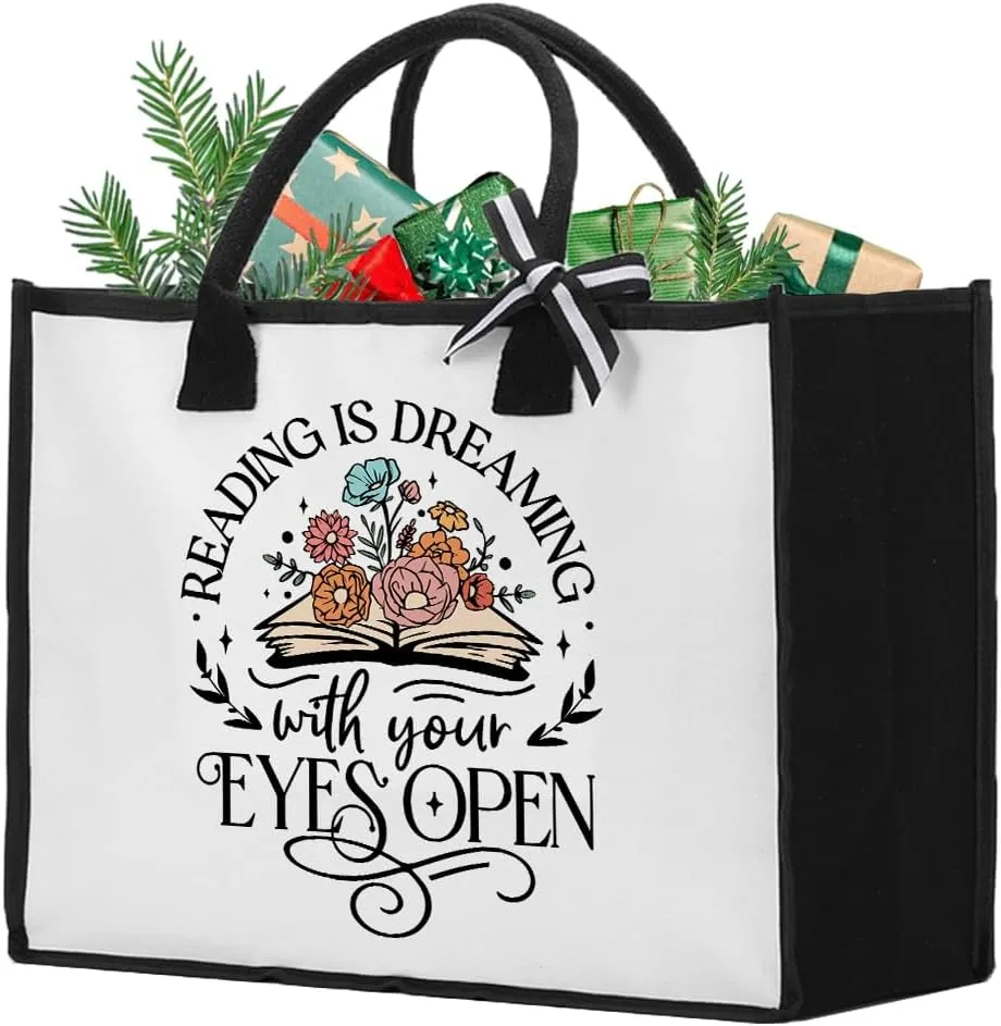 Canvas Book Tote Bag for Woman Book Lover Christmas Woman's Mother's Day Birthday Gifts for Women Librarian Bookish Gifts for Readers, Reading Is Dreaming with Your Eyes Open Tote Bag