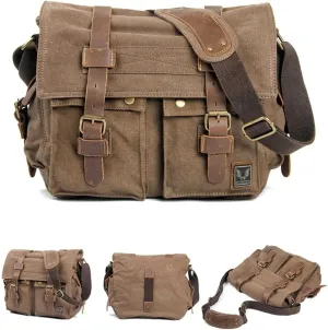 Canvas Messenger Bag, Vintage Genuine Leather Shoulder Bag, Briefcase Crossbody Satchel Purse Laptop Bag Medium