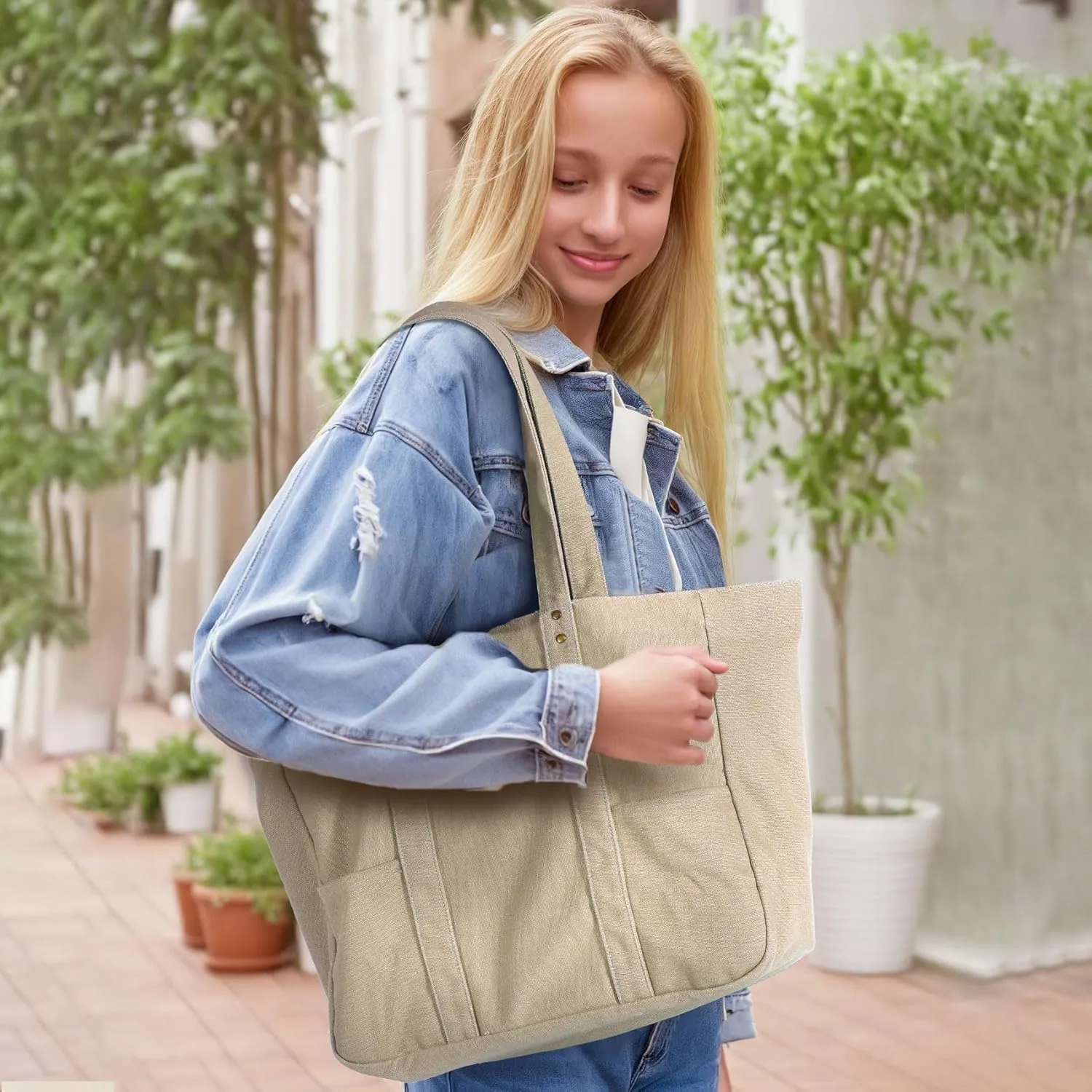 Canvas Tote Bag for Women, Large Canvas Tote Bag with 2 Front Pockets Laptop Compartment, Work, Beach, Gym Essentials
