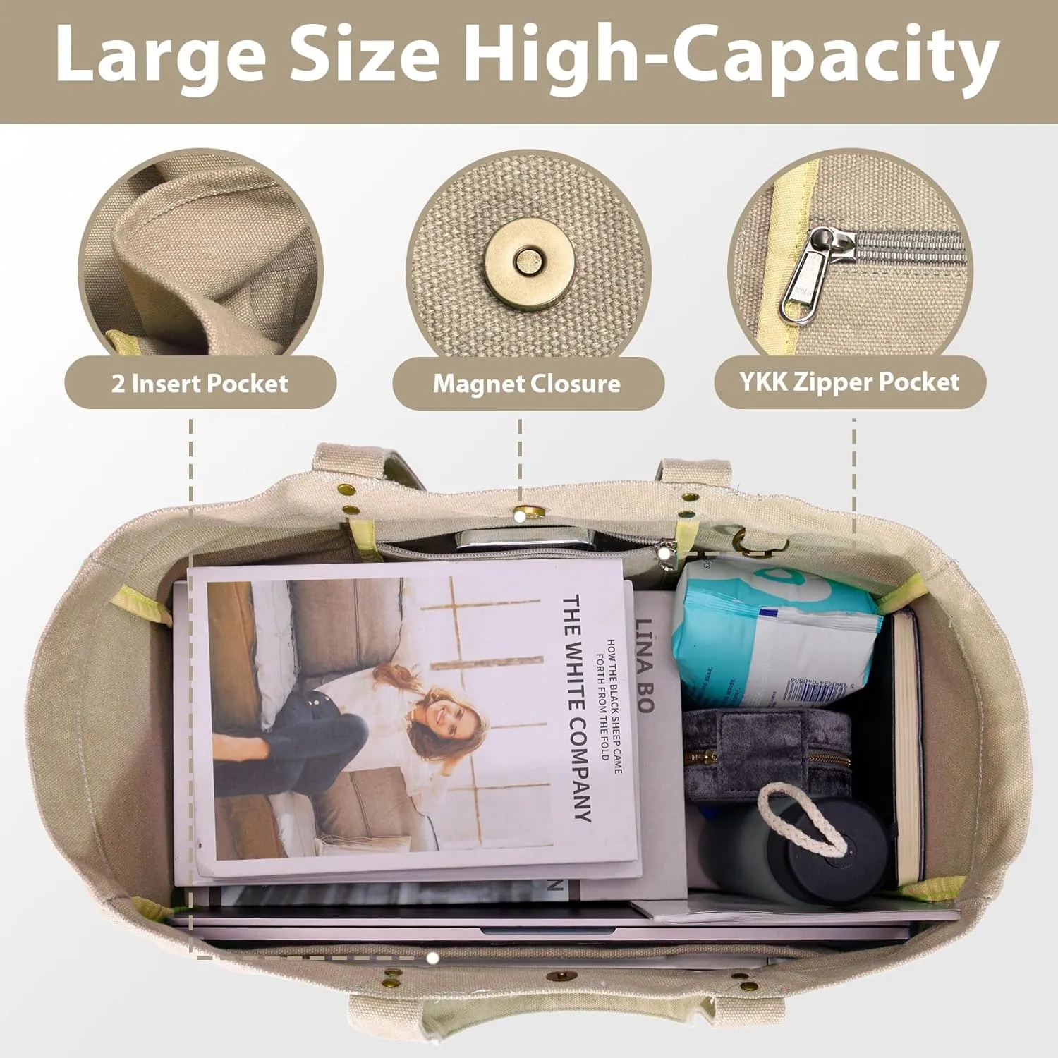 Canvas Tote Bag for Women, Large Canvas Tote Bag with 2 Front Pockets Laptop Compartment, Work, Beach, Gym Essentials