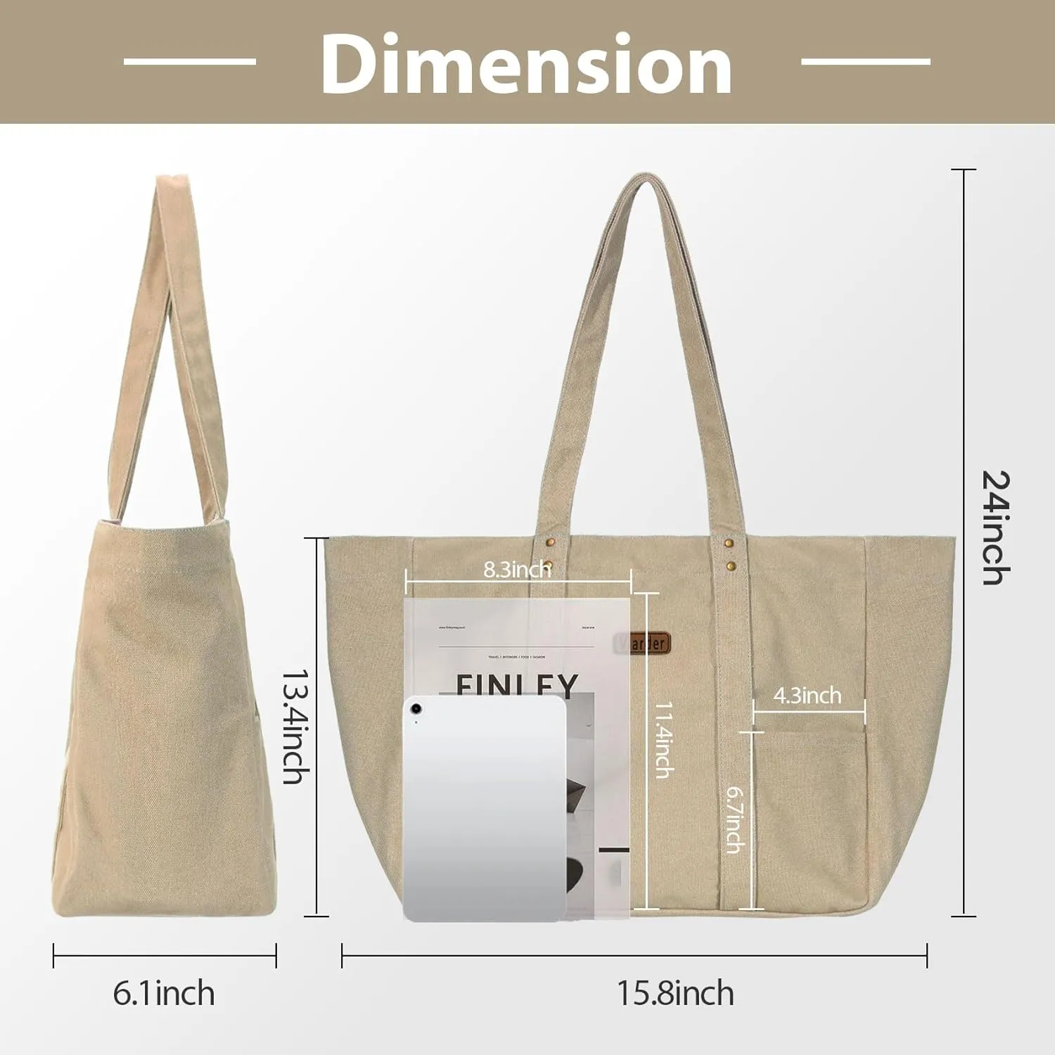 Canvas Tote Bag for Women, Large Canvas Tote Bag with 2 Front Pockets Laptop Compartment, Work, Beach, Gym Essentials