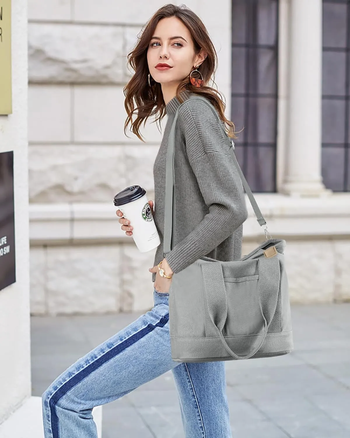Canvas Tote Bag for Women Small Tote Bag with Zipper Crossbody Bag Shoulder Handbag Work Travel Tote with Compartments