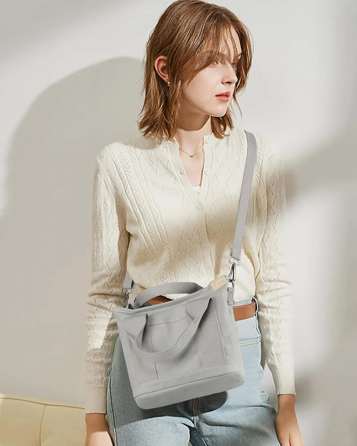 Canvas Tote Bag for Women Small Tote Bag with Zipper Crossbody Bag Shoulder Handbag Work Travel Tote with Compartments