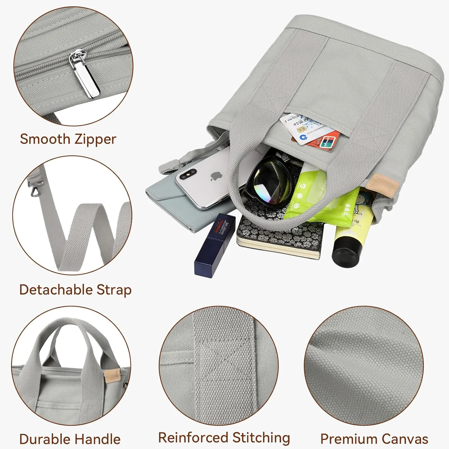 Canvas Tote Bag for Women Small Tote Bag with Zipper Crossbody Bag Shoulder Handbag Work Travel Tote with Compartments