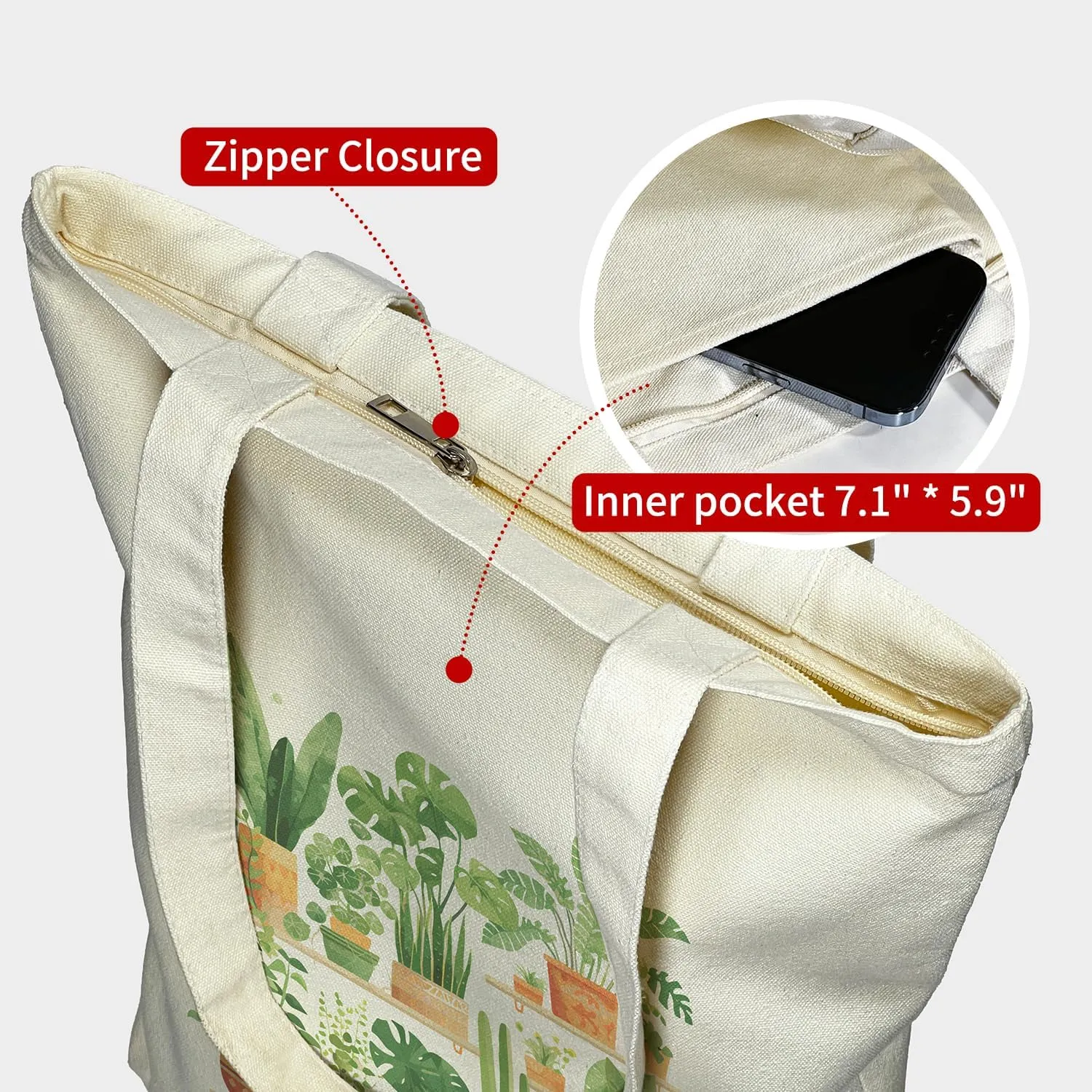 Canvas Tote Bag for Women, Tote Bag with Zipper Inner Pocket, Zippered Canvas Bag for Shopping Work Grocery Everyday