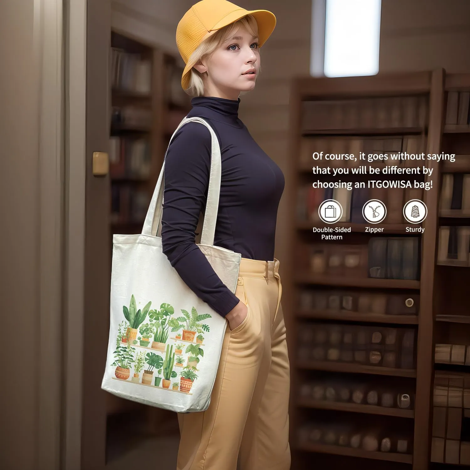 Canvas Tote Bag for Women, Tote Bag with Zipper Inner Pocket, Zippered Canvas Bag for Shopping Work Grocery Everyday