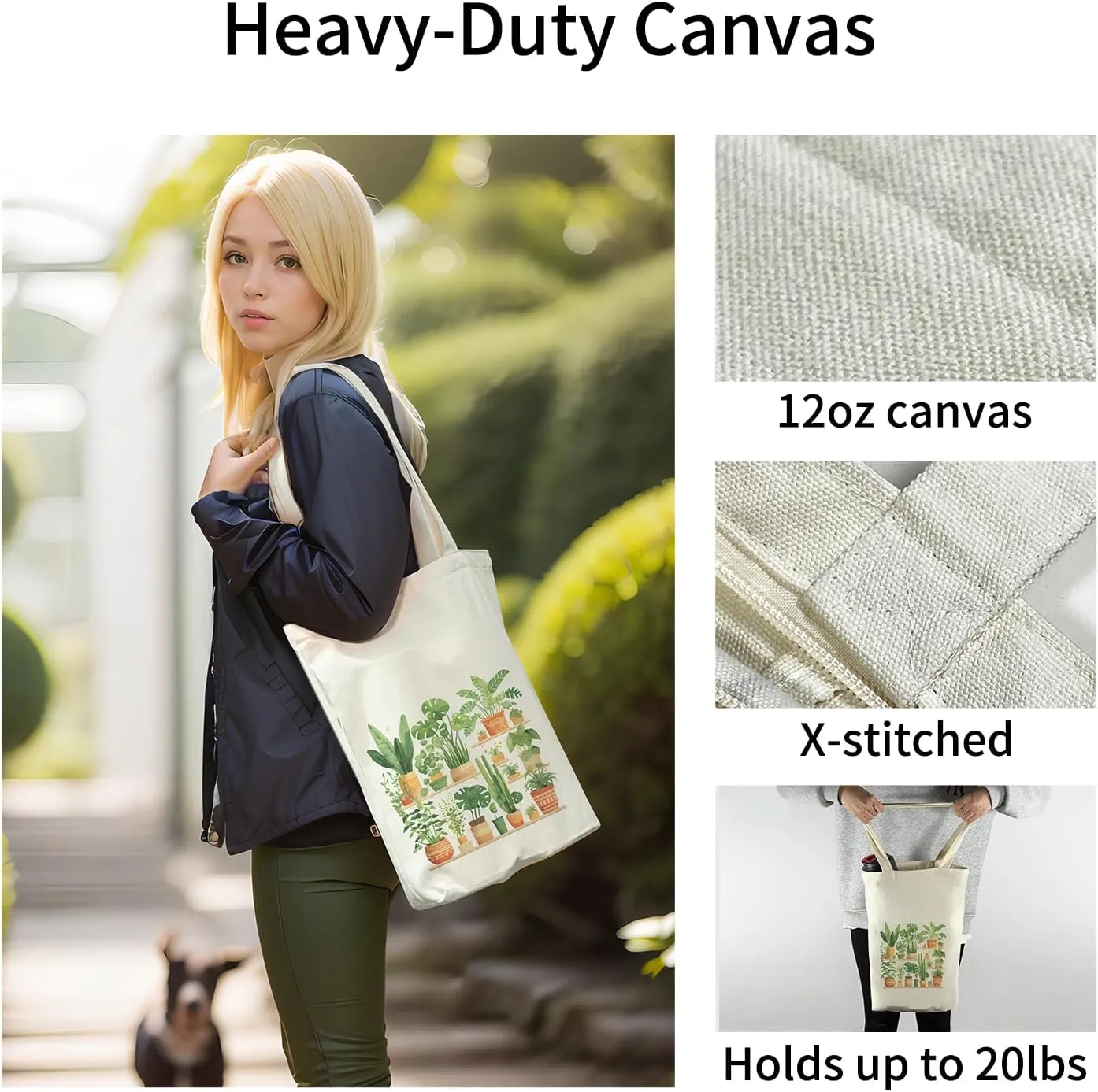 Canvas Tote Bag for Women, Tote Bag with Zipper Inner Pocket, Zippered Canvas Bag for Shopping Work Grocery Everyday