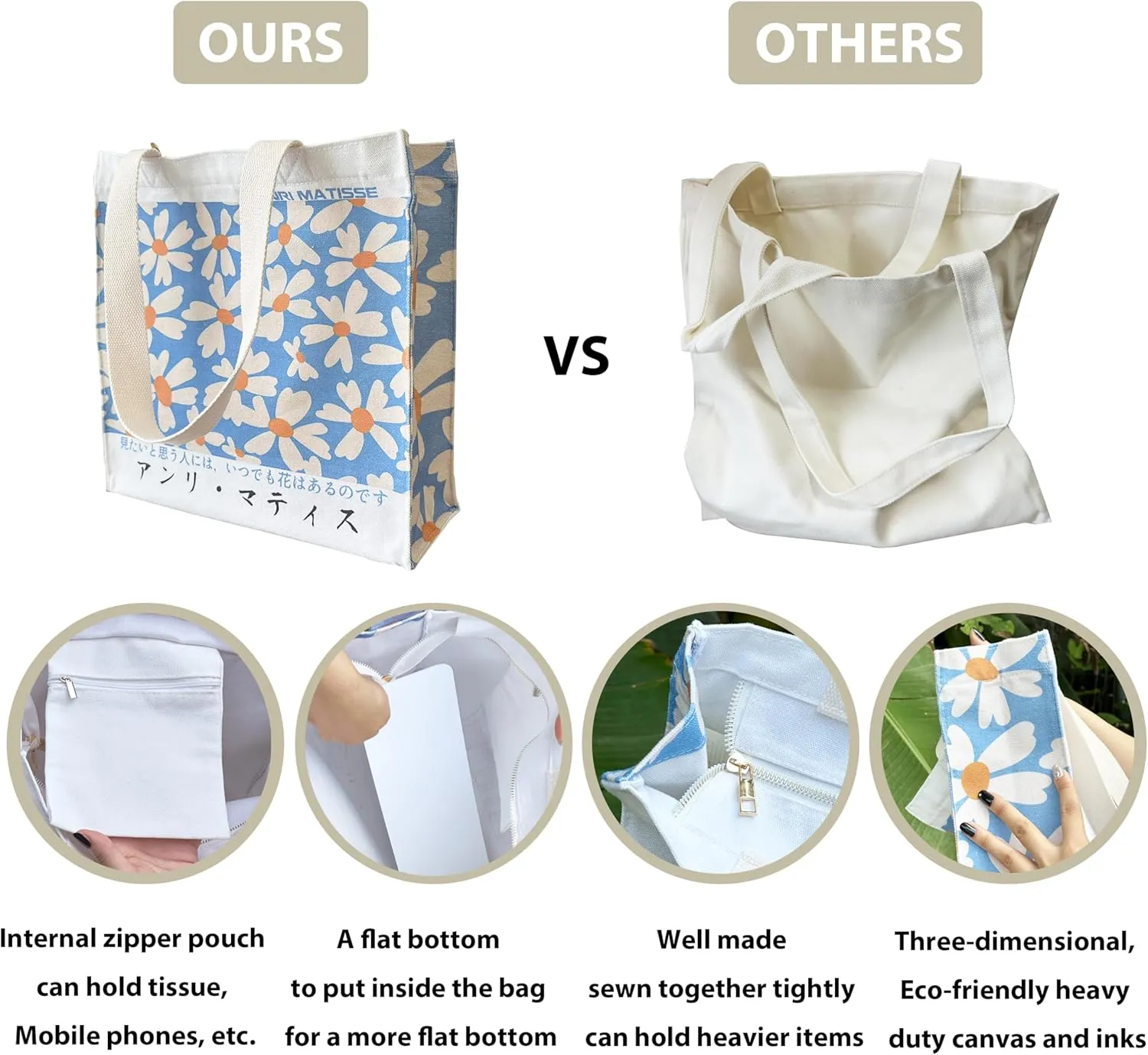 Canvas Tote Bag For Women With Zipper, Durable Portable Reusable Tote Canvas Bag, Tote Bag Aesthetic