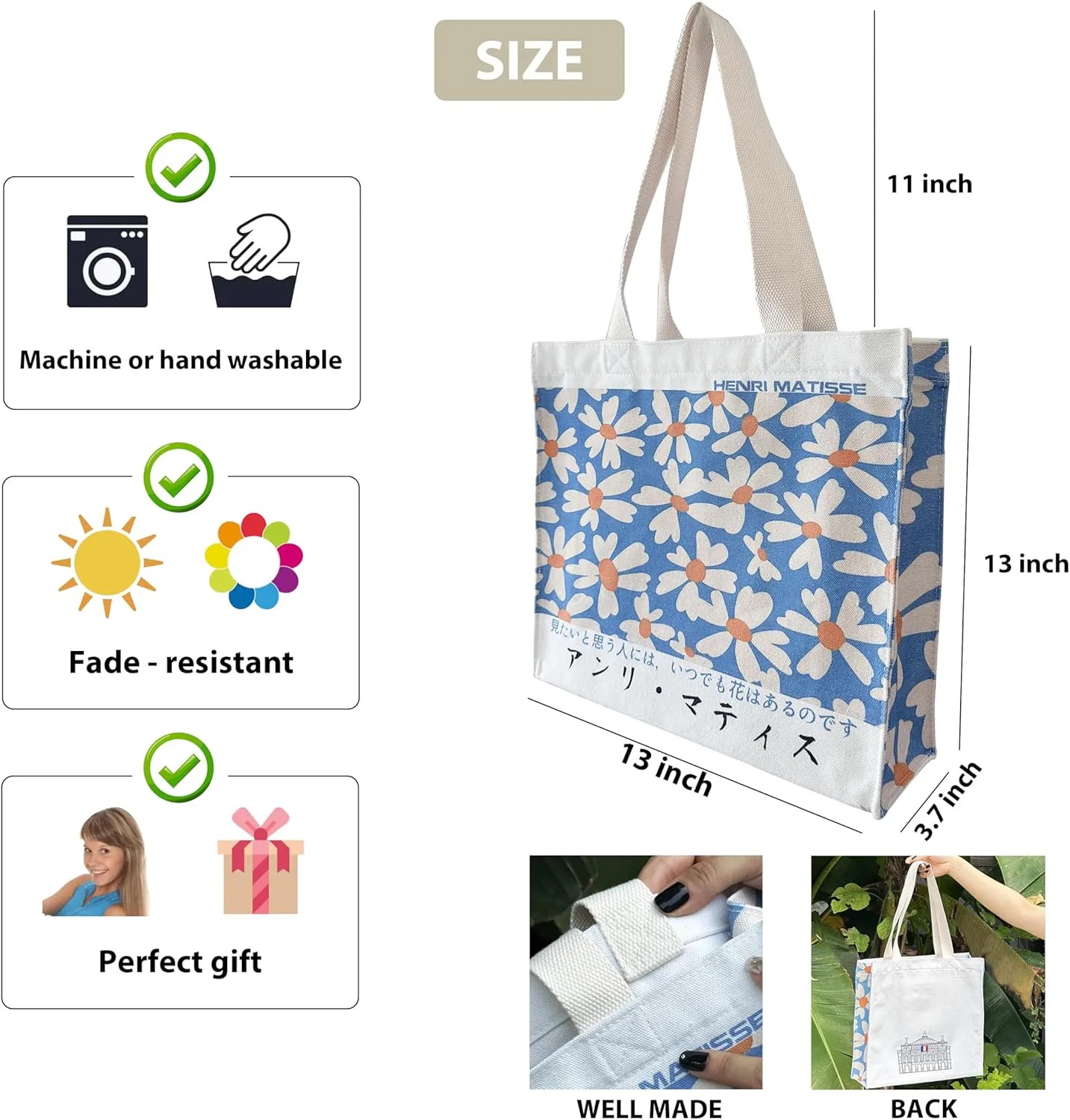 Canvas Tote Bag For Women With Zipper, Durable Portable Reusable Tote Canvas Bag, Tote Bag Aesthetic