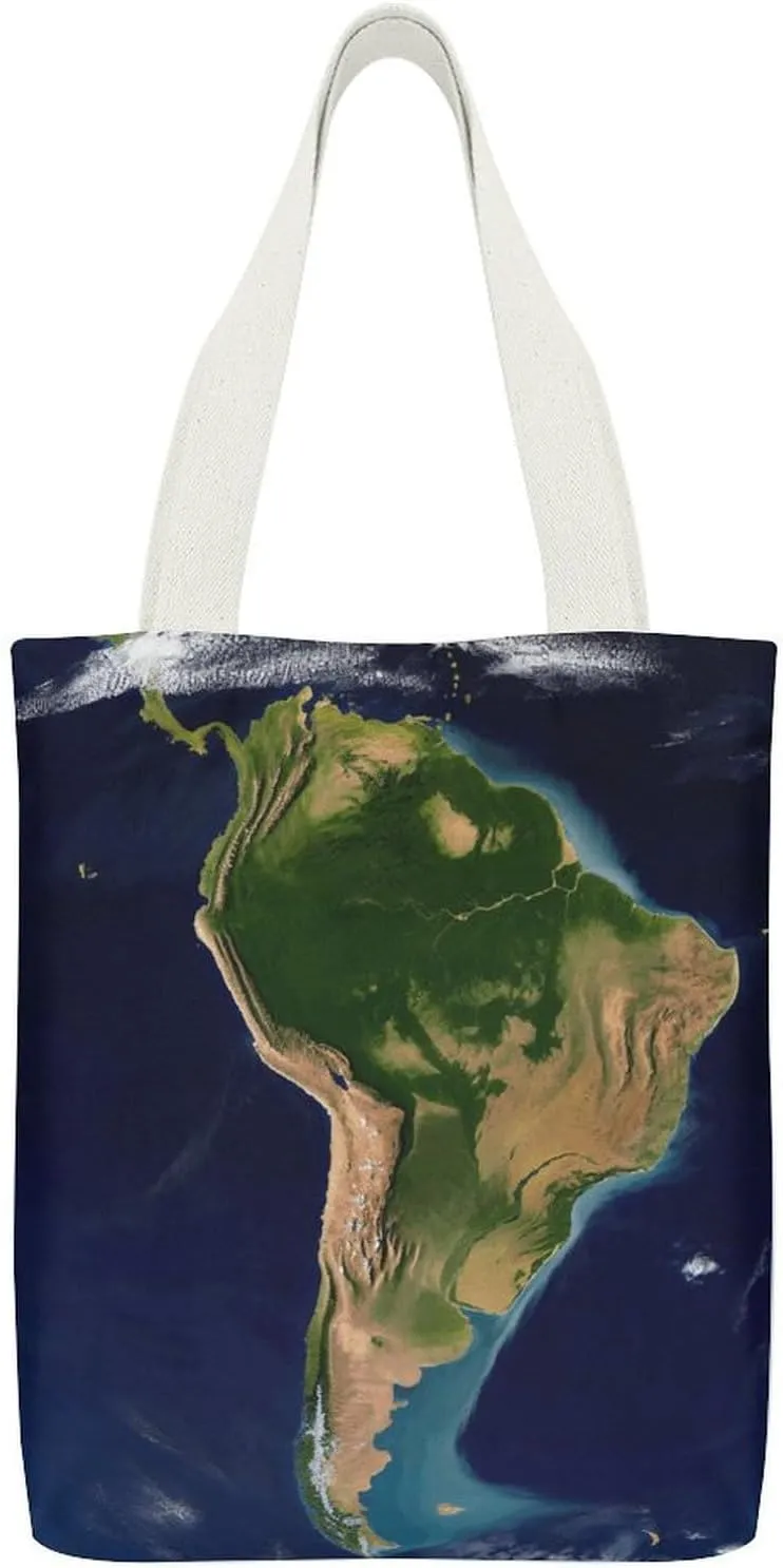 Canvas Tote Bag, South America Satellite Image Print Reusable Canvas Bag Large Capacity Tote Durable Canvas Tote Handbag with Inner Pocket