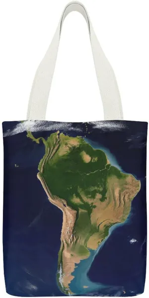 Canvas Tote Bag, South America Satellite Image Print Reusable Canvas Bag Large Capacity Tote Durable Canvas Tote Handbag with Inner Pocket