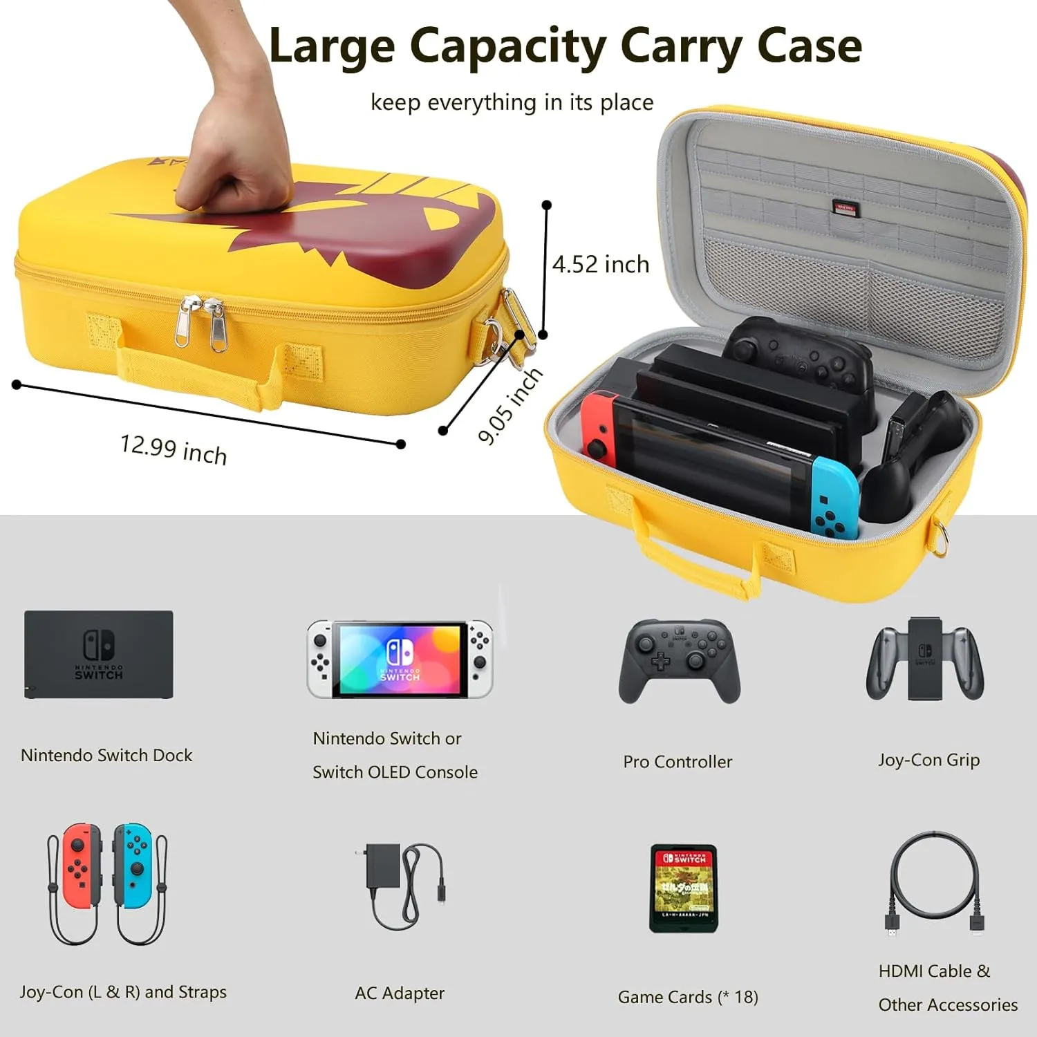 Carrying Case for Nintendo Switch/Switch OLED Model,Portable Travel All Protective Hard Messenger Bag Soft Lining 18Games for Switch Console Pro Controller Accessories & Removable Shoulder Strap