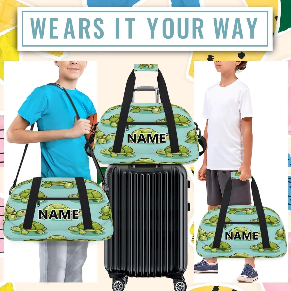 Cartoon Cute Turtle Mini Gym Bag 18 inch for Women Men Waterproof Custom Turtle Travel Duffel Bag Carry On Overnight Tote Nurse Bag for Work Fitness Hiking