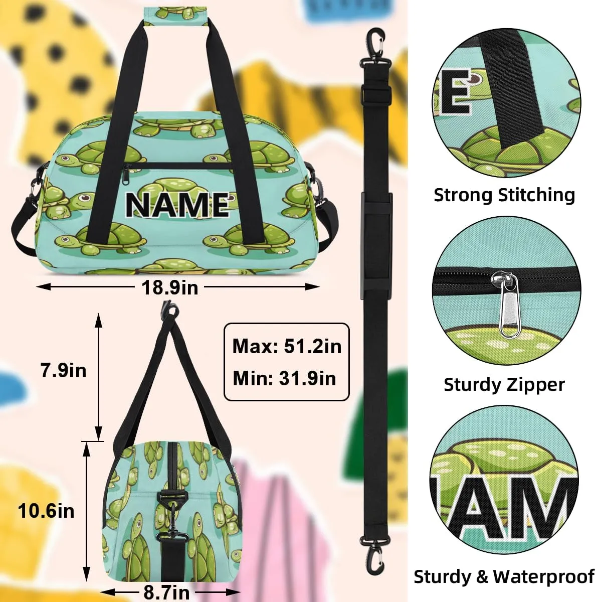 Cartoon Cute Turtle Mini Gym Bag 18 inch for Women Men Waterproof Custom Turtle Travel Duffel Bag Carry On Overnight Tote Nurse Bag for Work Fitness Hiking