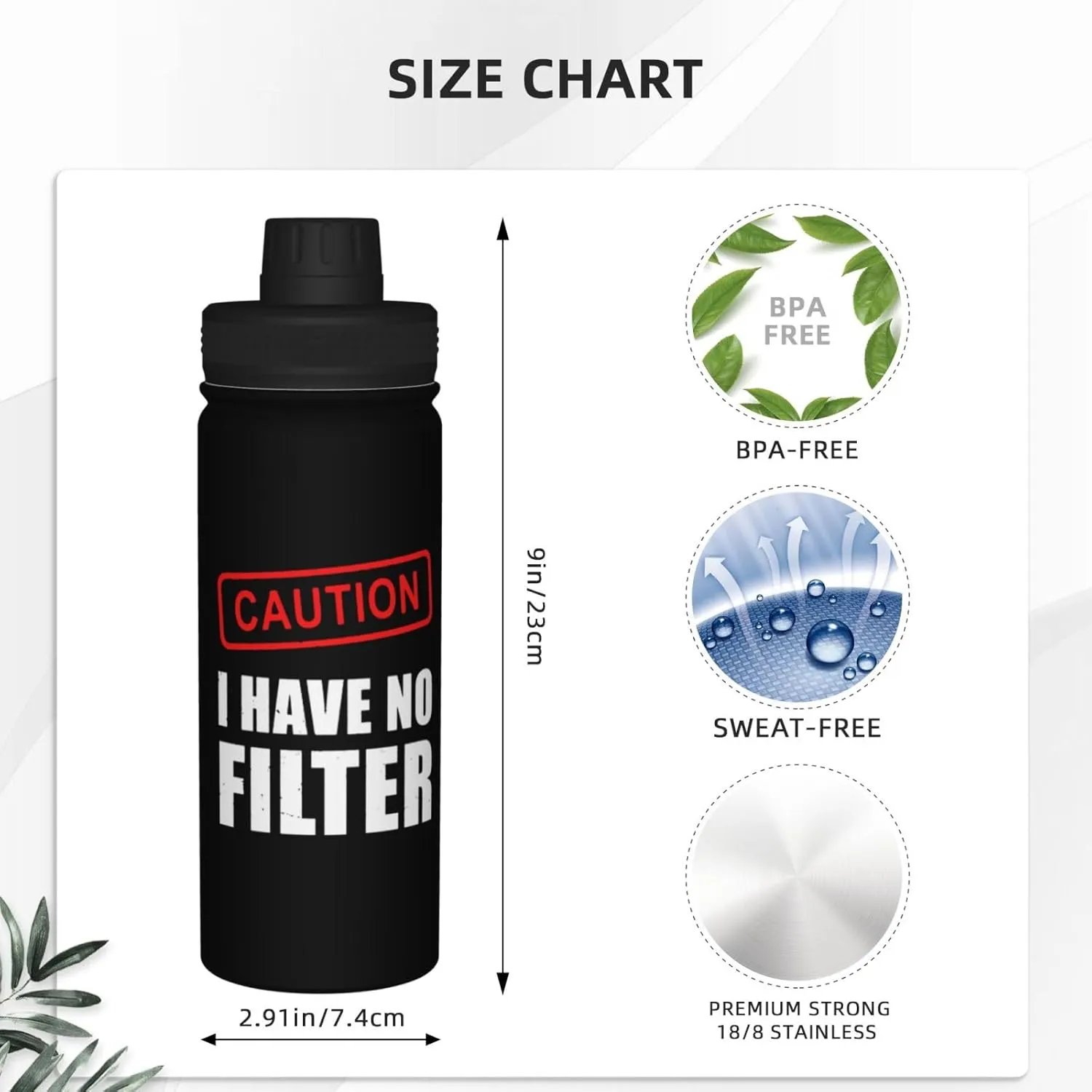 Caution I Have No Filter 18oz Large Capacity Sports Insulated Water Bottle