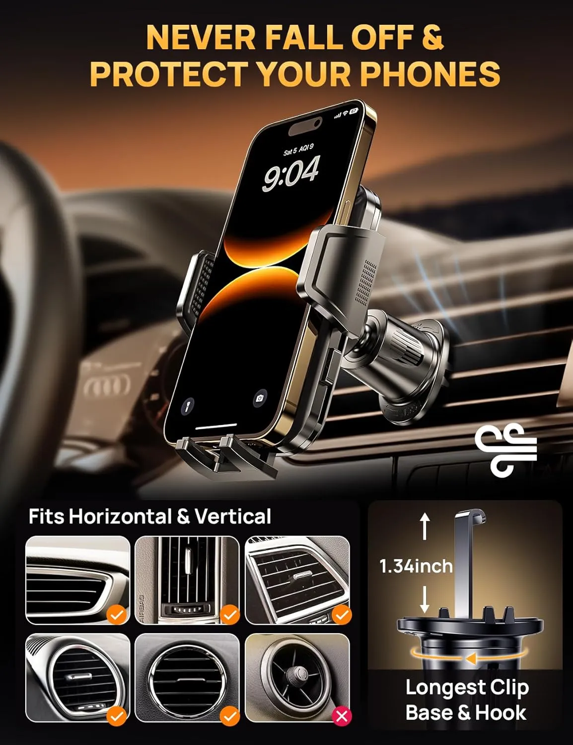 CD Phone Mount with Vent Hook Clip, 360 Adjustable Car Vent Phone Holder & CD Phone Holder for iPhone & Android, Thick Cases Friendly (Gold   Hook)