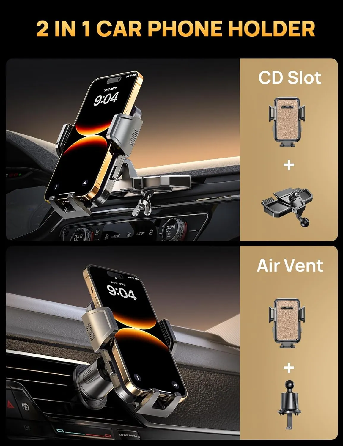 CD Phone Mount with Vent Hook Clip, 360 Adjustable Car Vent Phone Holder & CD Phone Holder for iPhone & Android, Thick Cases Friendly (Gold   Hook)