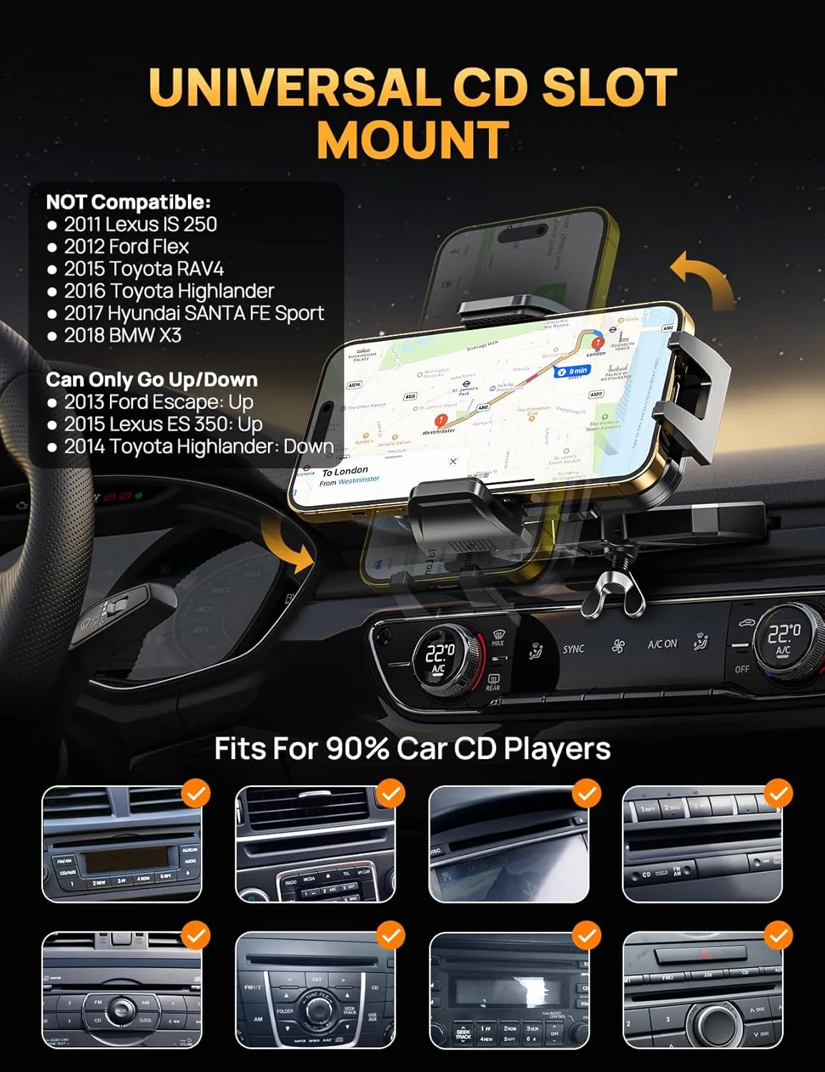 CD Phone Mount with Vent Hook Clip, 360 Adjustable Car Vent Phone Holder & CD Phone Holder for iPhone & Android, Thick Cases Friendly (Gold   Hook)