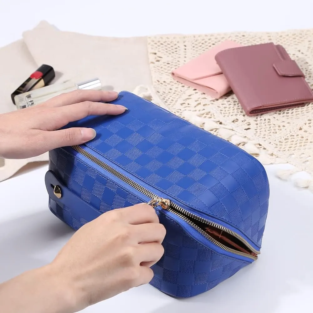 Cessfle Large Capacity Travel Cosmetic Bag Plaid Checkered Makeup Bag Portable Leather Waterproof Skincare Bag with Handle and Divider for Women 01-Blue