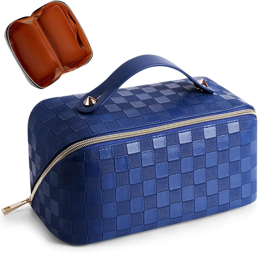 Cessfle Large Capacity Travel Cosmetic Bag Plaid Checkered Makeup Bag Portable Leather Waterproof Skincare Bag with Handle and Divider for Women 01-Blue